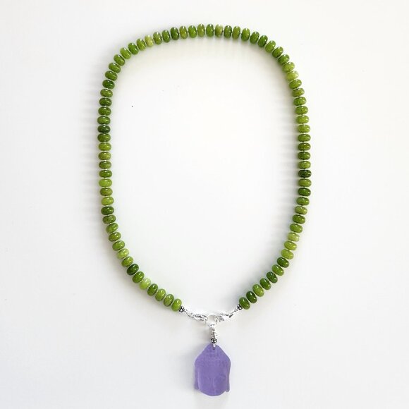 GREEN COLOR JADE NECKLACE W/ PURPLE BUDDHA--20" - Picture 4 of 4